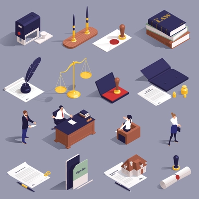 Notary services isometric icons set with seals ink documents contracts characters of notaries isolated on grey background vector illustration