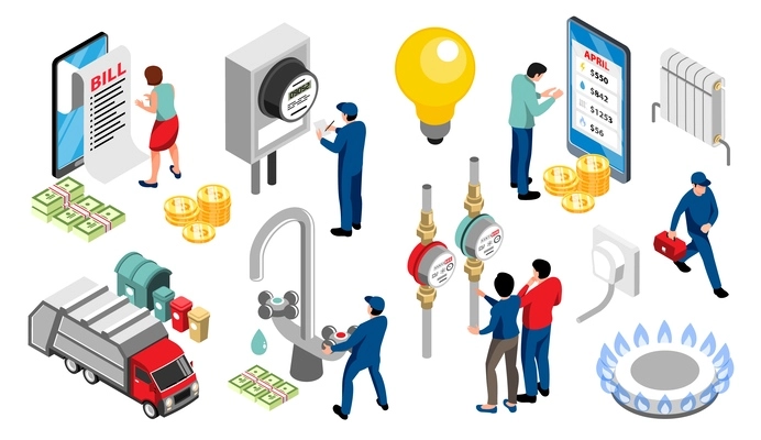 Household public utilities isometric set of equipment for water gas heat and electricity consumption measuring vector illustration