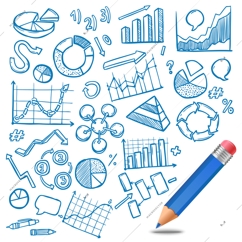 Charts and diagrams business and financial sketch with pencil vector illustration