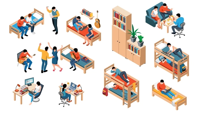 Student dormitory isometric set of furniture items and teens characters studying resting and sleeping isolated vector illustration