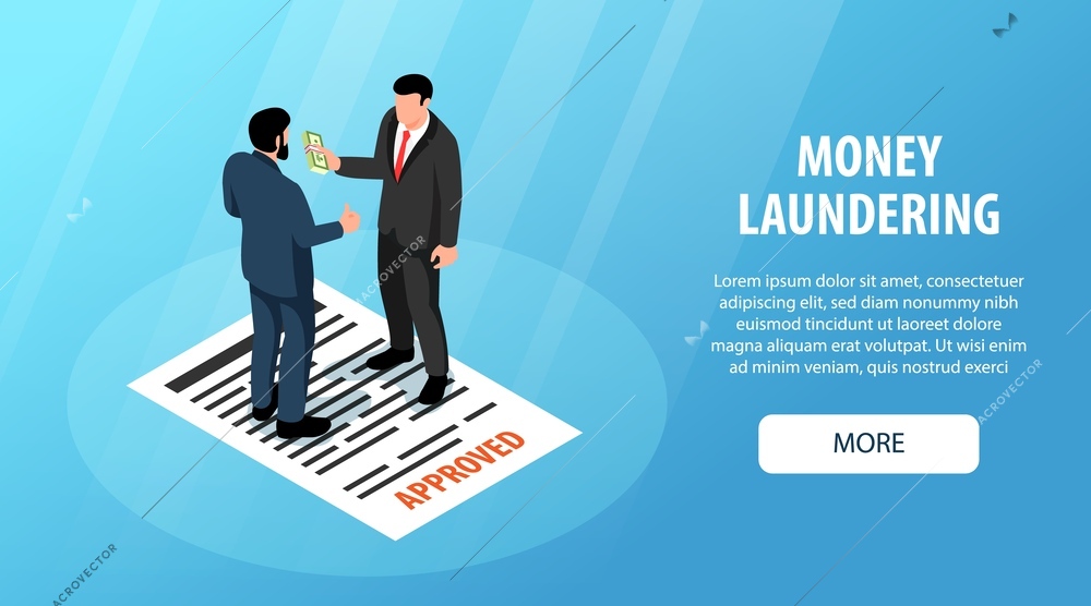 Money laundering horizontal banner with businessman giving bribe to official for approved document isometric vector illustration