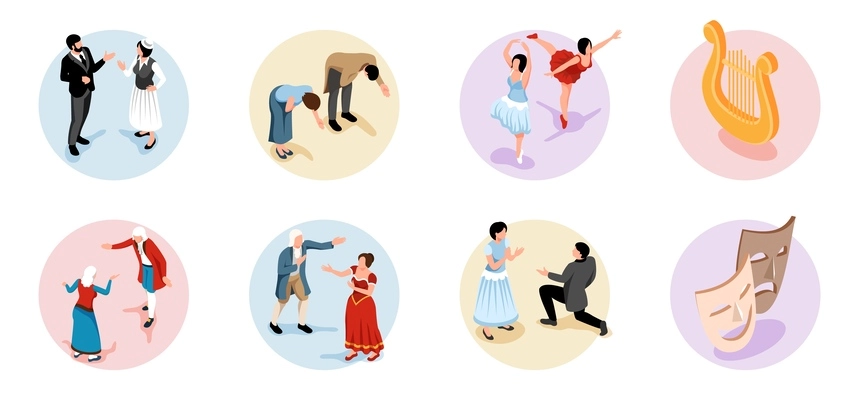 Theater isometric round compositions with ballet dancers and dramatic actors playing and bowing isolated vector illustration