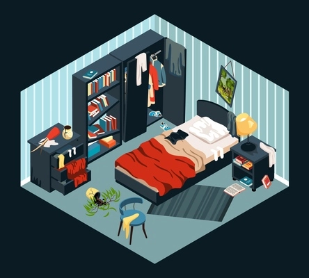 Messy bedroom with scattered stuff opened wardrobe and broken book shelves isometric object at black background vector illustration