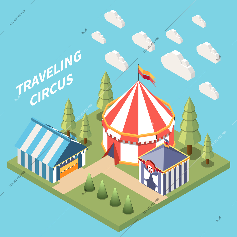 Amusement park isometric composition with isolated view of traveling circus big top with clouds and text vector illustration