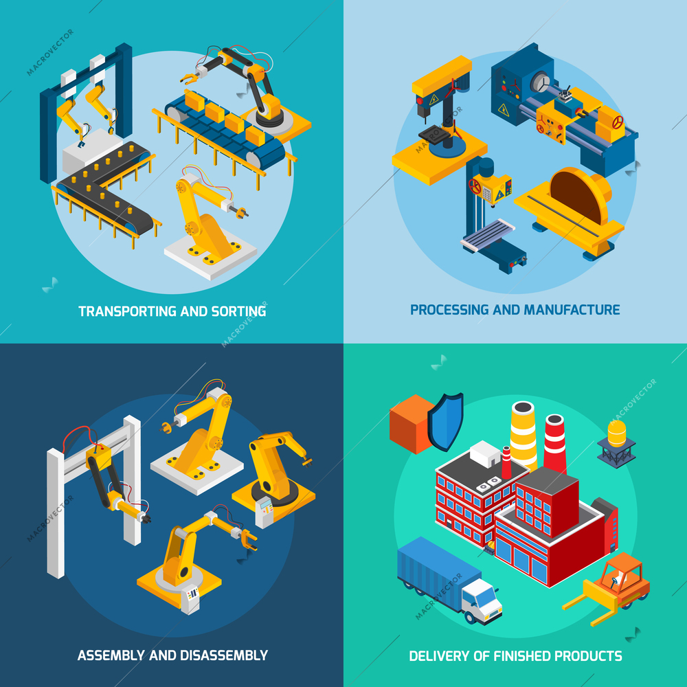 Robot machinery design concept set with transporting sorting processing and manufacture isometric icons isolated vector illustration