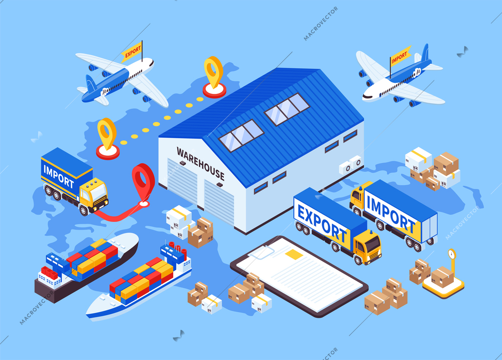 Isometric export import isolated composition with world map background and warehouse building with multiple cargo vehicles vector illustration