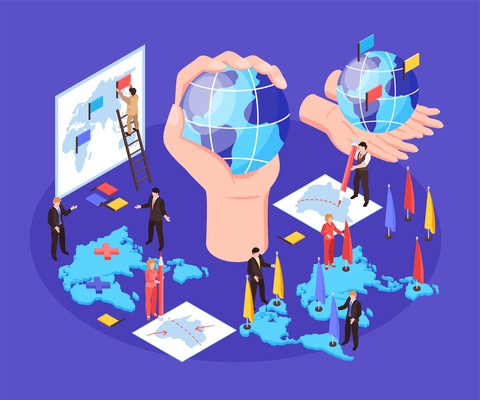 Isometric geopolitics composition with human hands holding earth globes with politicians conquering territories and planting flags vector illustration