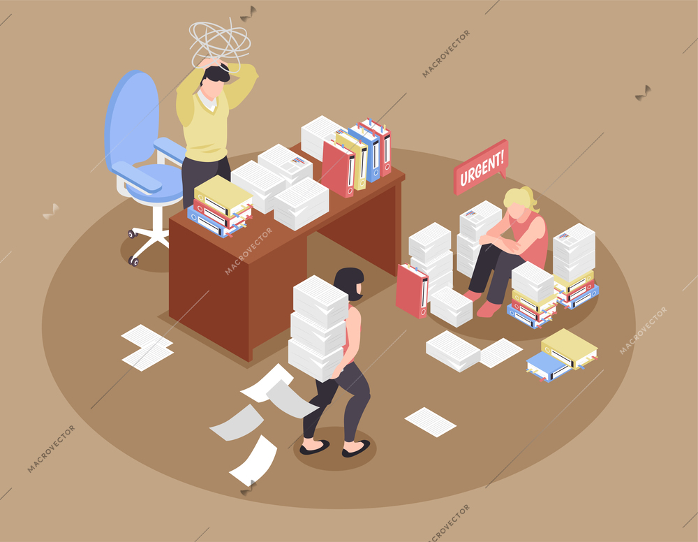 Isometric office chaos composition with human characters of coworkers in paperwork mess tired of urgent tasks vector illustration