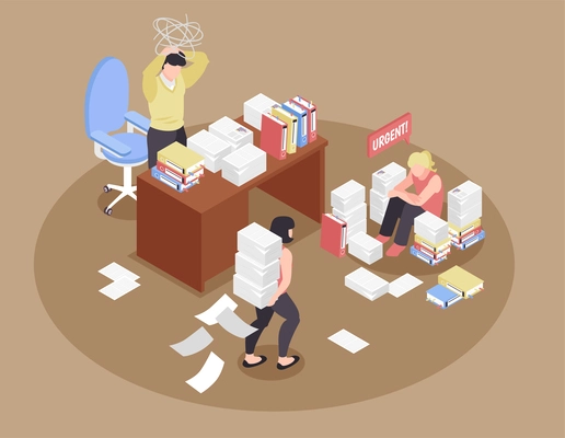 Isometric office chaos composition with human characters of coworkers in paperwork mess tired of urgent tasks vector illustration