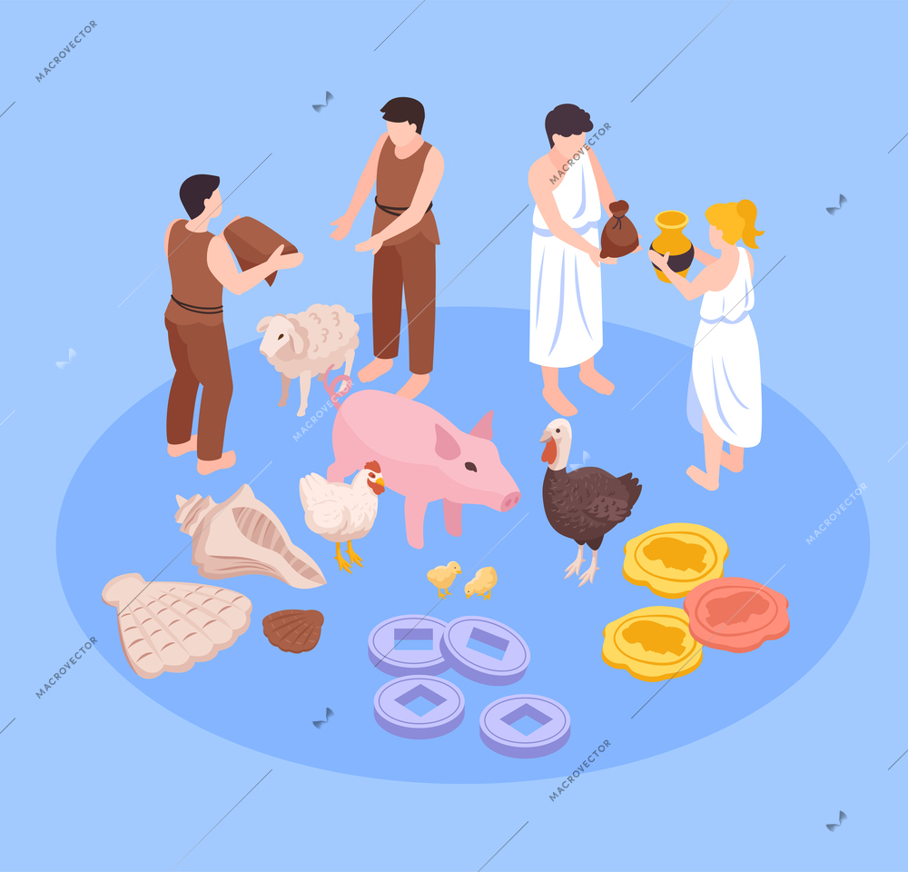 Isometric money evolution composition with icons characters of ancient people involved into goods and money relations vector illustration