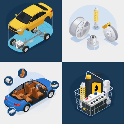 Car parts isometric 2x2 set with auto spares and maintenance isolated vector illustration