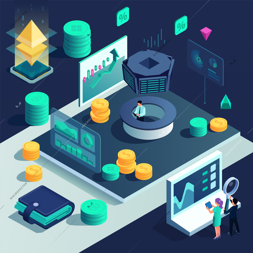 Business investment isometric concept with financial management symbols vector illustration