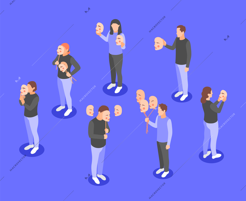 People holding and wearing social masks expressing various emotions to hide their faces isometric concept on color background vector illustration