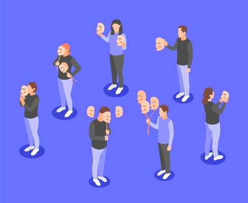 People holding and wearing social masks expressing various emotions to hide their faces isometric concept on color background vector illustration