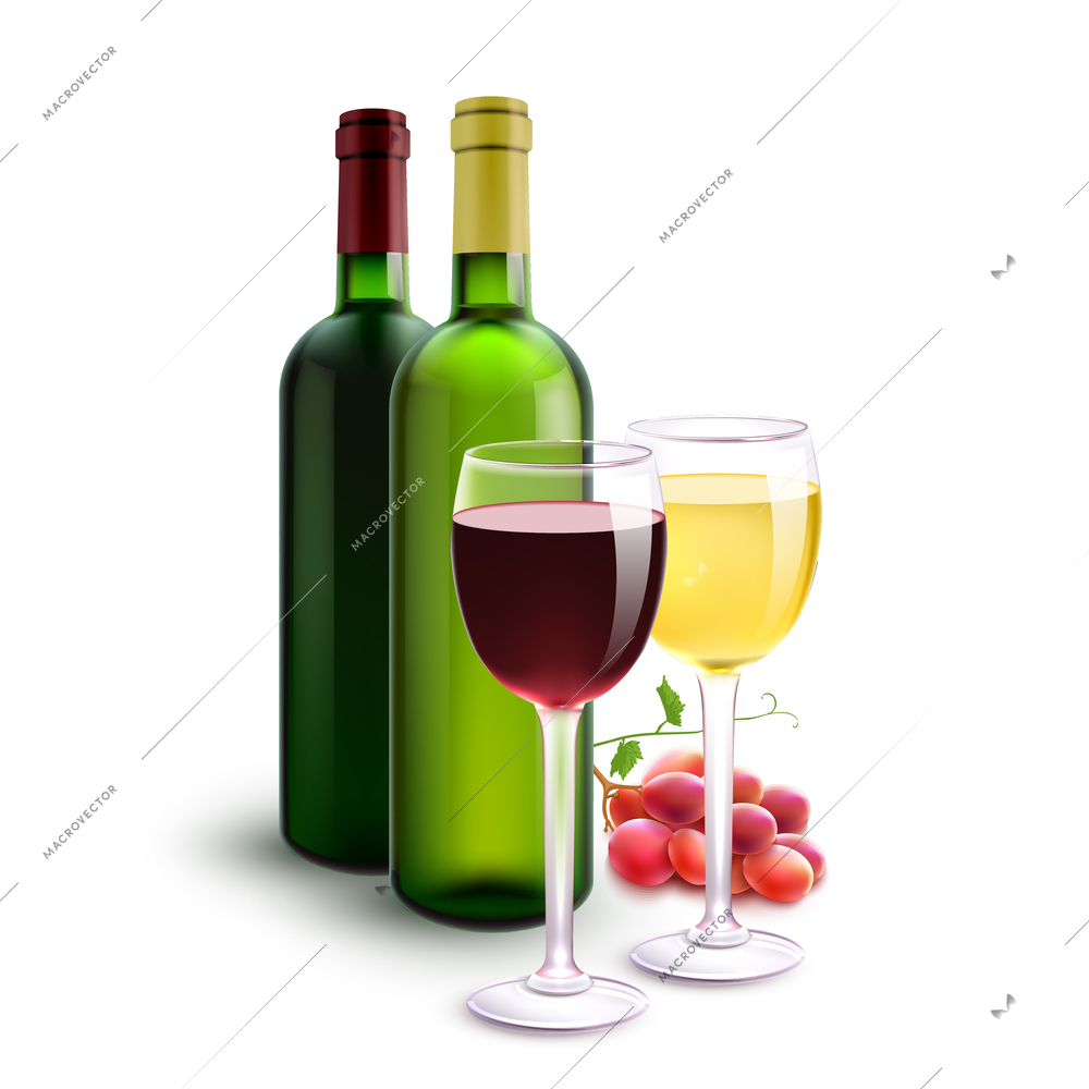 Red and white realistic wine bottles set with glasses and grape bunch vector illustration