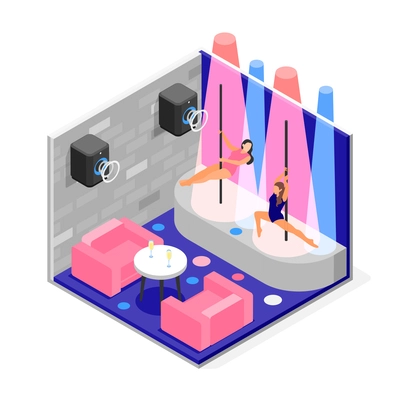 Female pole dancers performing on stage in night club isometric composition 3d vector illustration