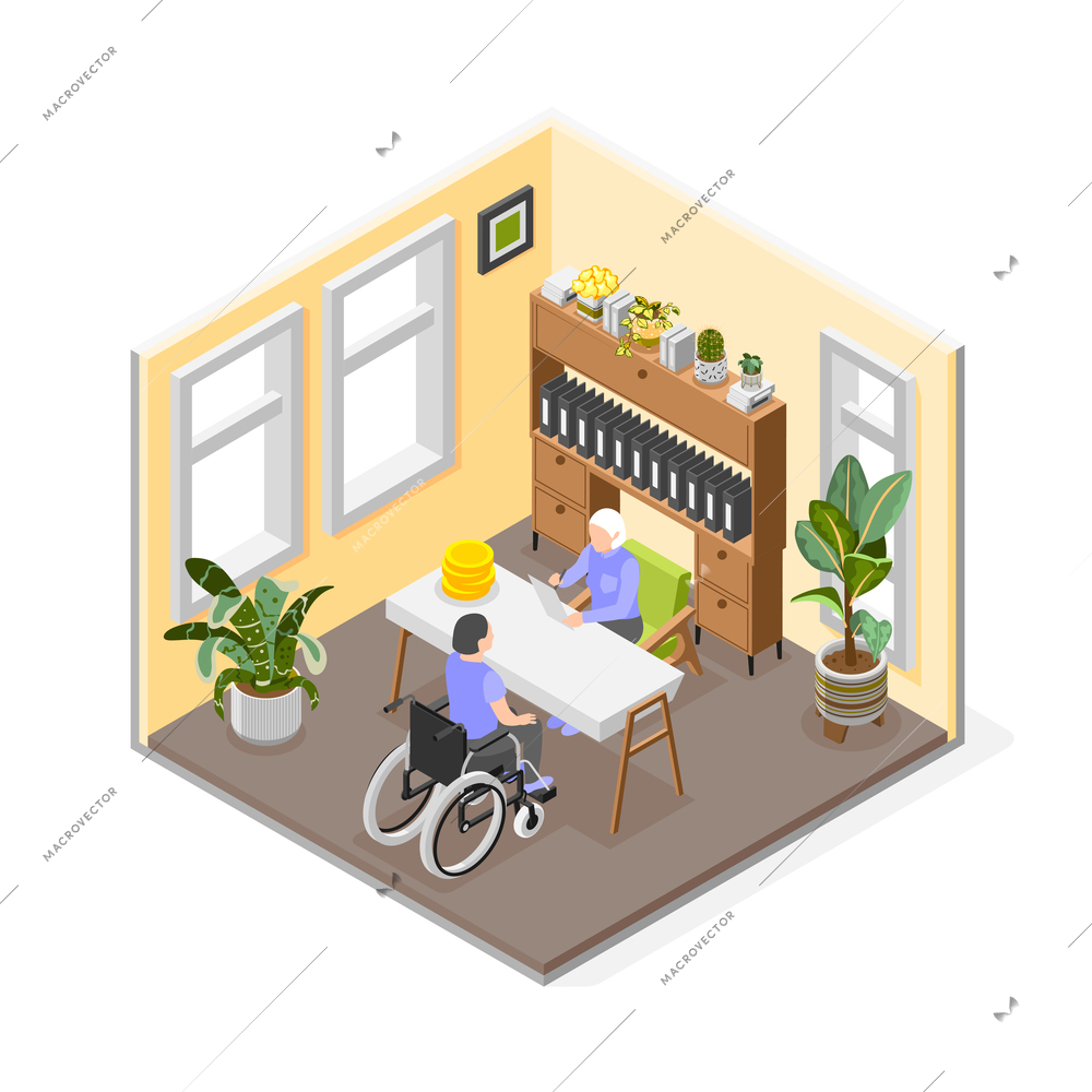 Social insurance composition with disabled woman getting benefits in office isometric vector illustration