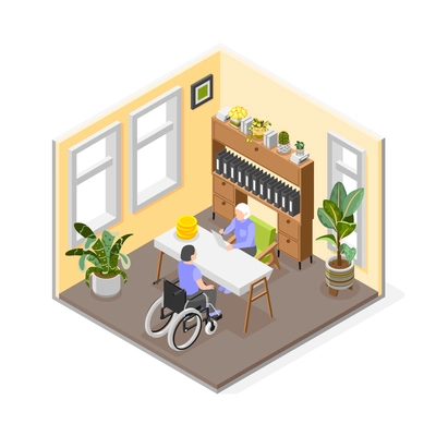 Social insurance composition with disabled woman getting benefits in office isometric vector illustration