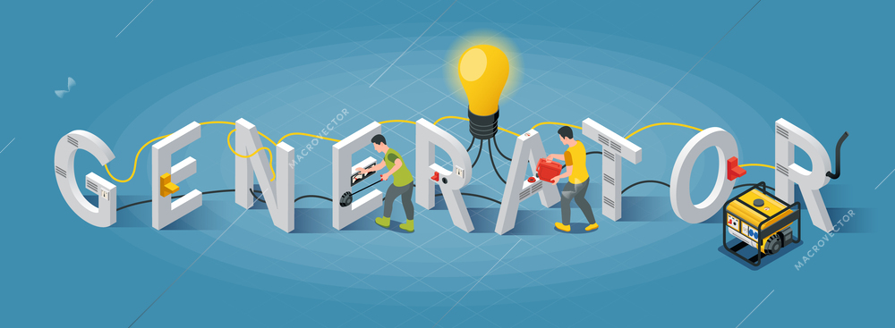 Electric generator concept with fuel and power symbols isometric vector illustration