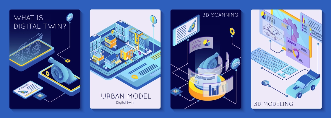 Digital twin technology set of four vertical compositions with isometric images of urban models 3d scanning vector illustration