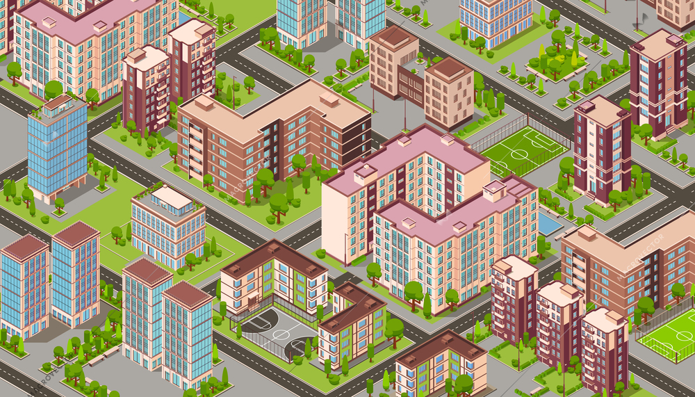 City buildings isometric composition with birds eye view of city block with modern residential apartment houses vector illustration