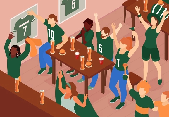 Isometric sport fans composition with indoor beer pub scenery with group of supporters in club colours vector illustration