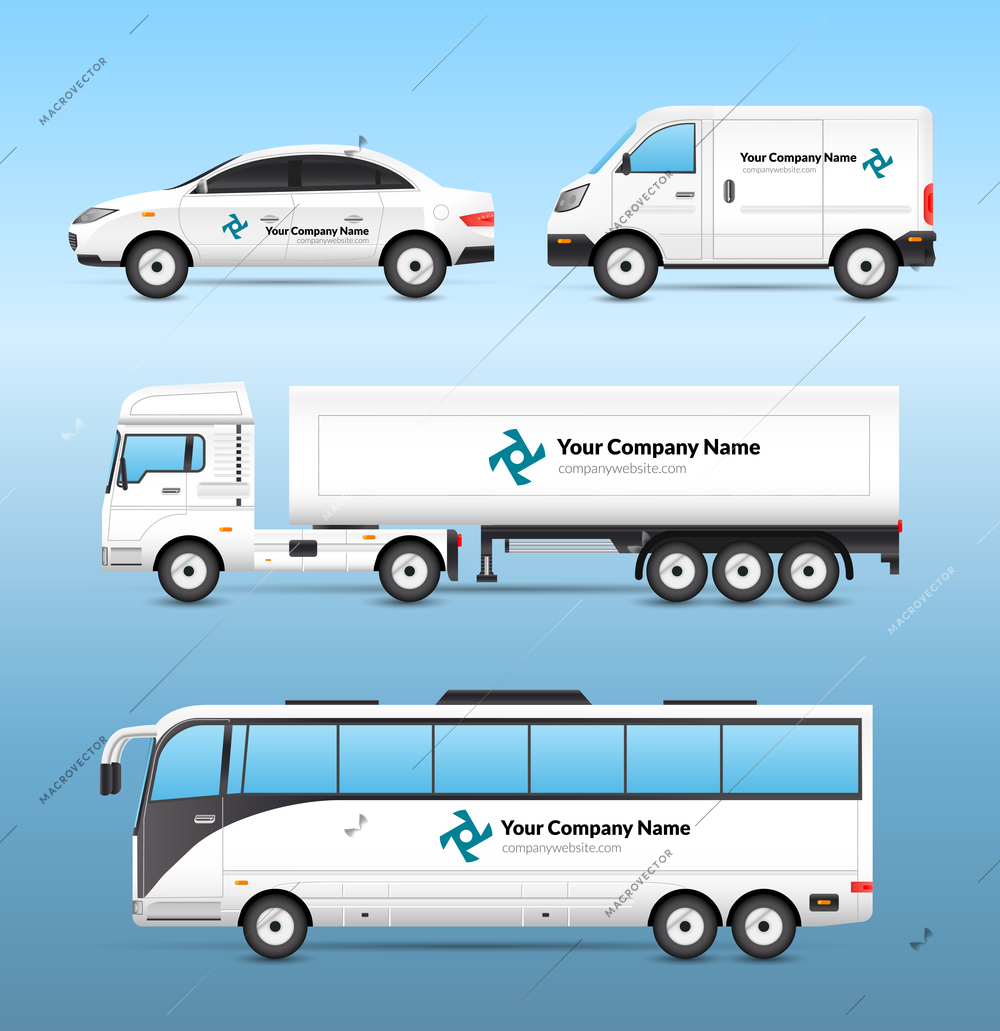 Transport advertisement set with car van truck and tourist bus with advertising signs isolated vector illustration
