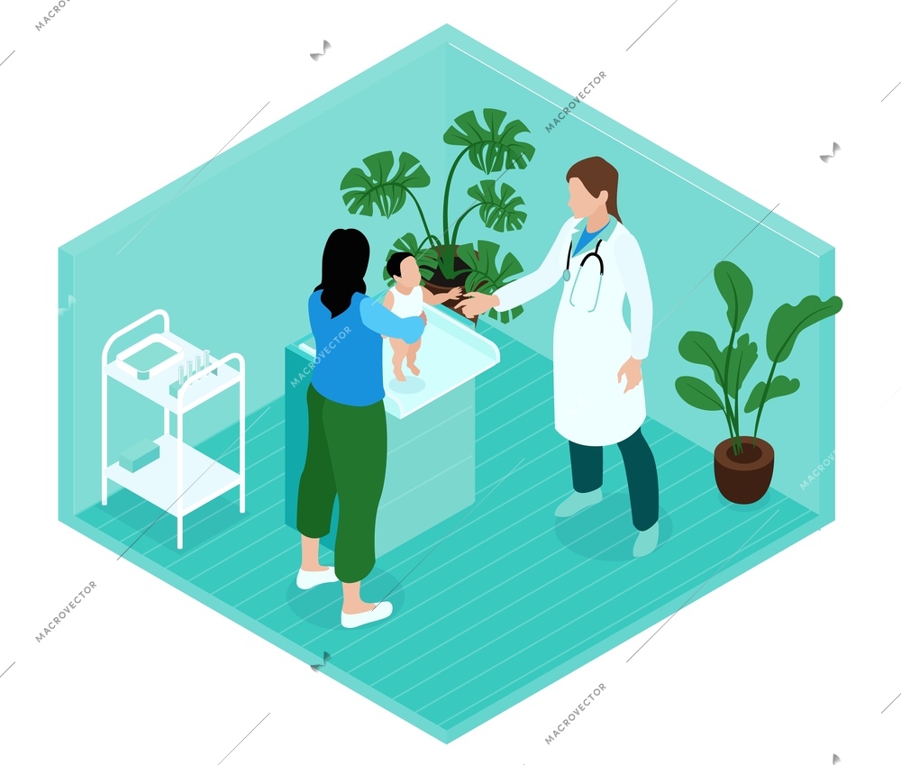 Isometric family doctor composition with isolated view of doctors office with mother holding baby and physician vector illustration