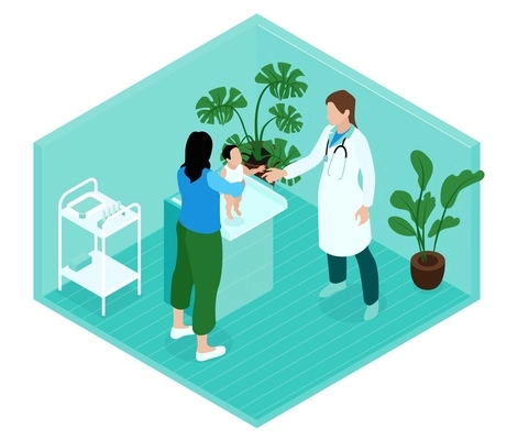 Isometric family doctor composition with isolated view of doctors office with mother holding baby and physician vector illustration