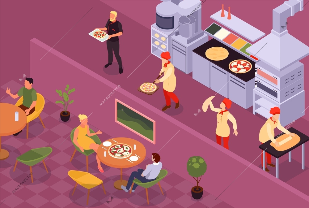 Isometric pizza composition with indoor view of cafeteria restaurant with cooks waiter and clients at tables vector illustration