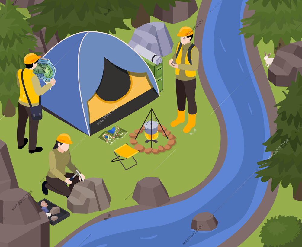 Earth sciences geology petrology seismology volcanology isometric composition with forest river scenery and expedition participants camp vector illustration