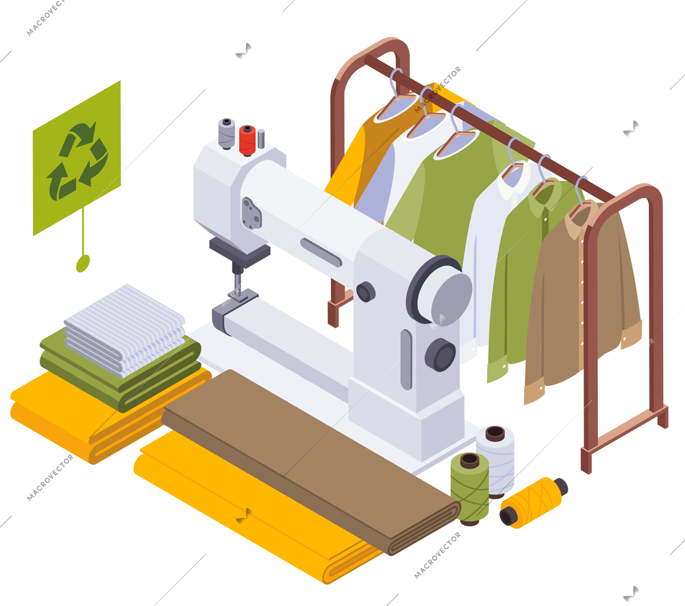 Sustainable clothes slow fashion isometric composition with garment rail and fabric rolls with sewing machine stitching vector illustration