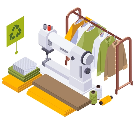 Sustainable clothes slow fashion isometric composition with garment rail and fabric rolls with sewing machine stitching vector illustration