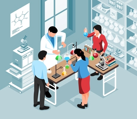 School science lab isometric background with teacher and students performing practical tasks vector illustration