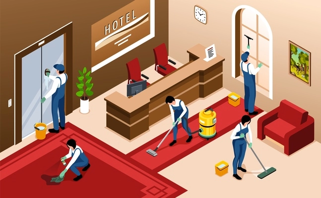 Cleaning service isometric background with team of workers in uniform cleaning hotel hall with reception counter vector illustration