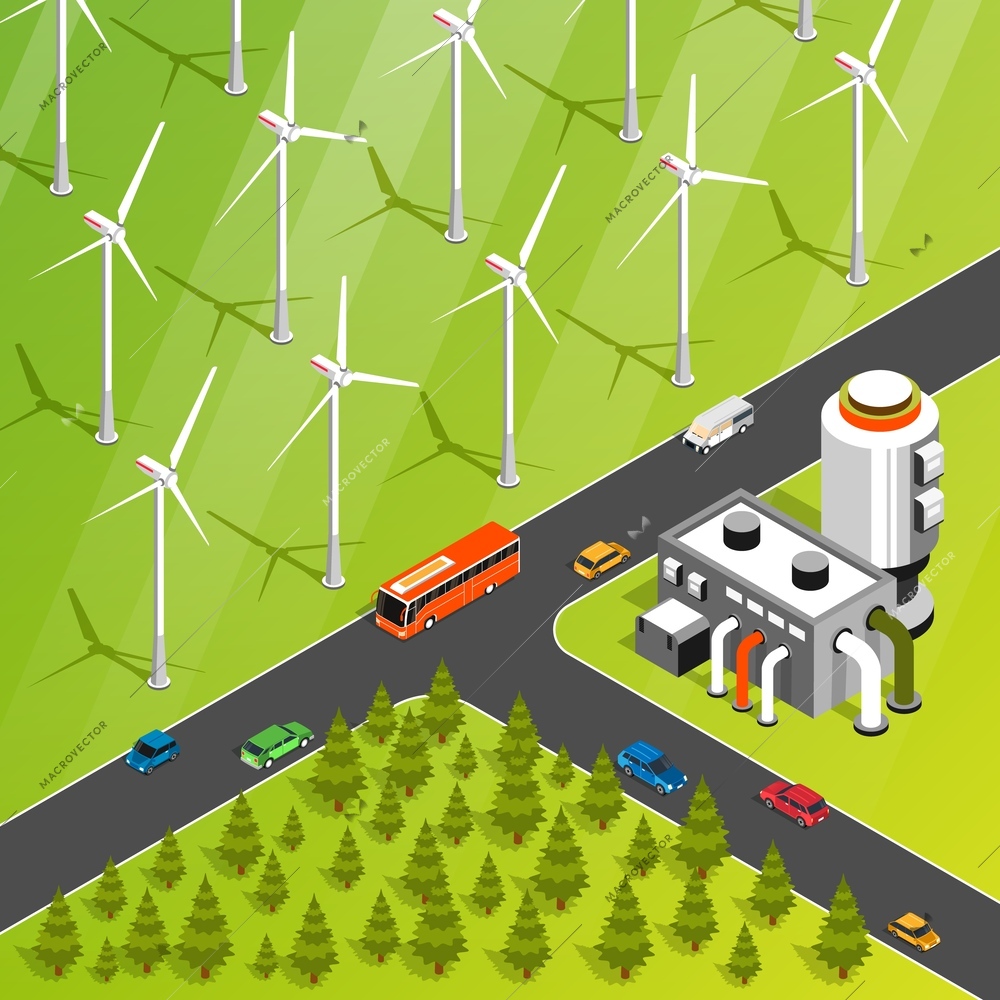 Green energy isometric illustration with wind turbines bio fuel plant electric cars 3d vector illustration