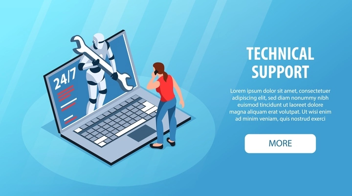 Technical support horizontal banner vector illustrated with laptop needing in diagnostics or repair  isometric vector illustration