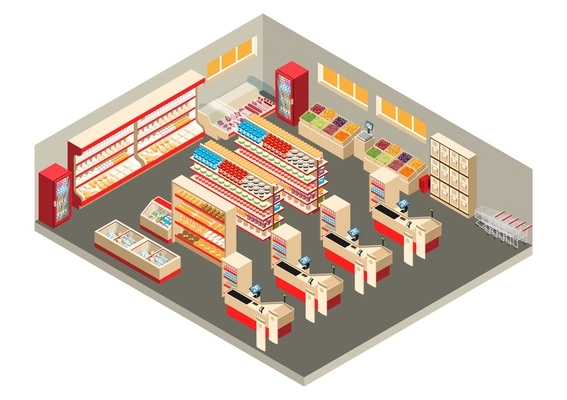 Supermarket trading hall interior with counters cold boxes and checkouts isometric object isolated at white background vector illustration