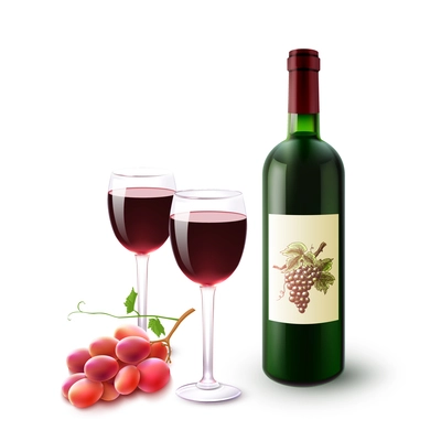 Realistic red wine bottle glasses and grape branch set vector illustration