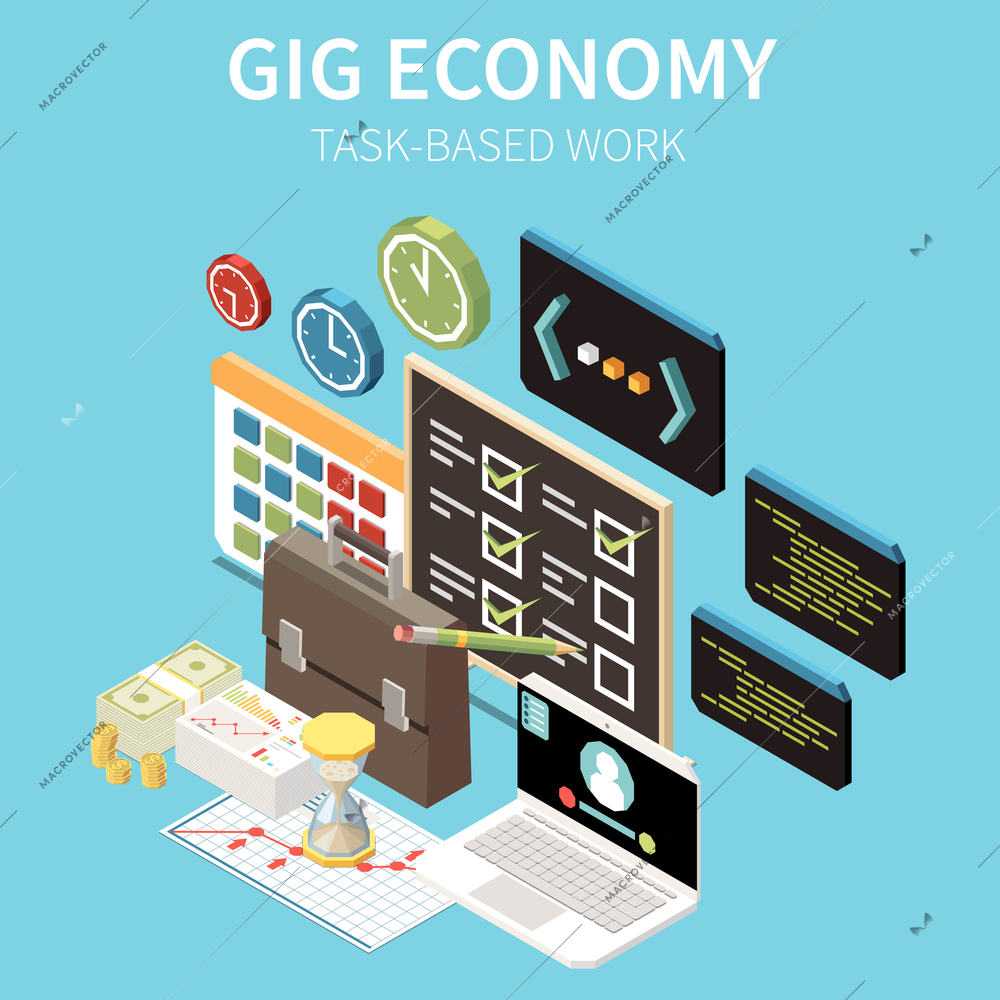 Gig economy isometric composition with task based work icons of clock to do lists computer screens vector illustration