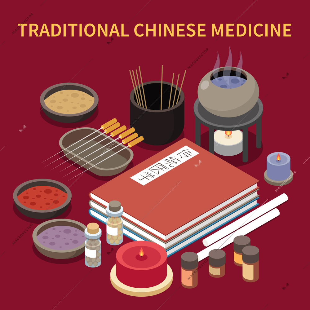 Alternative medicine isometric composition with stack of chinese books with plates jars and vials acupuncture needles vector illustration