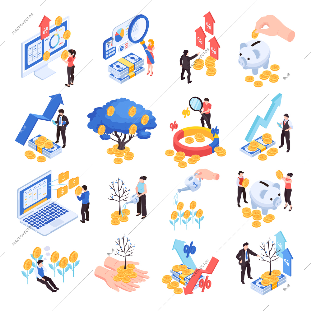 Isometric finance set of isolated icons with human characters coins banknotes with money plant growing concepts vector illustration