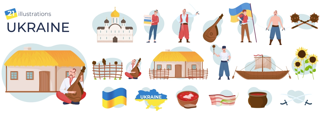 Flat set of compositions with ukraine symbols flag buildings people cuisine isolated on white background vector illustration
