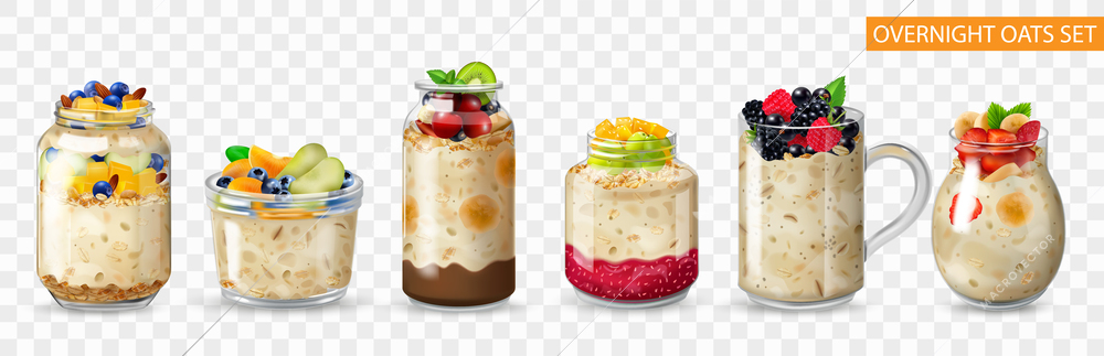 Realistic overnight oats transparent icon set with six jars of porridge garnish of fruits and berries vector illustration
