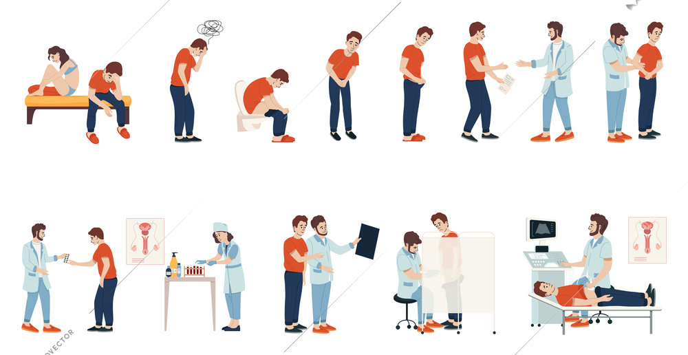 Man urology flat icons with isolated human characters of suffering patient meeting doctor receiving therapy treatment vector illustration