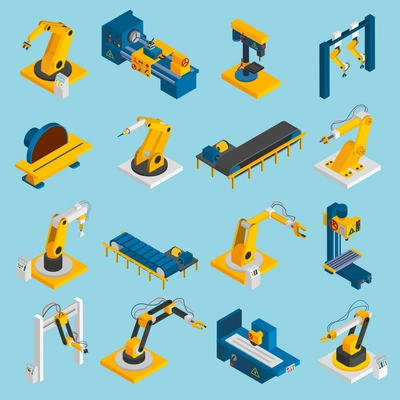 Isometric robot machinery remote mechanical operators 3d icons set isolated vector illustration