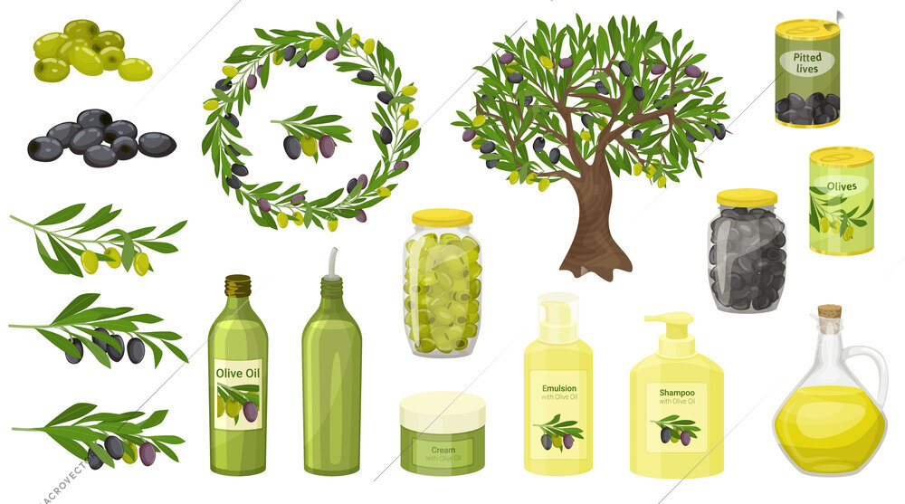 Olives flat set of isolated icons with ripe leaves trees canned olives oil bottles and tree vector illustration