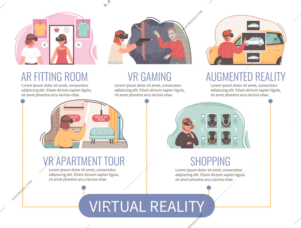 Virtual augmented reality cartoon concept with cyberspace apartment tour and shopping process vector illustration