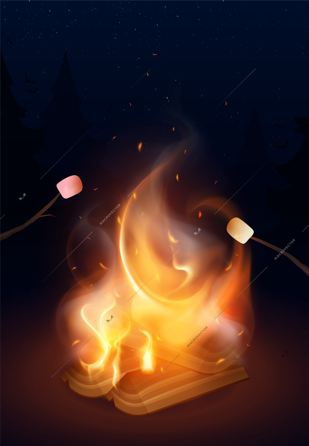 Realistic campfire with roasting marshmallows on sticks in background with night forest and starry sky vector illustration