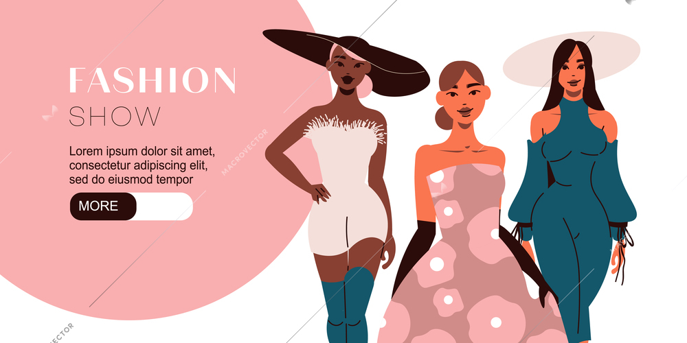 Fashion show horizontal banner with characters of three pretty models in fashionable clothes with more button vector illustration